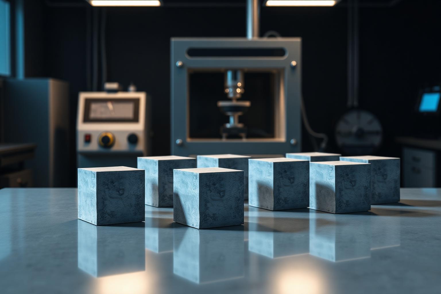Laboratory technician testing concrete cube samples for compressive strength
